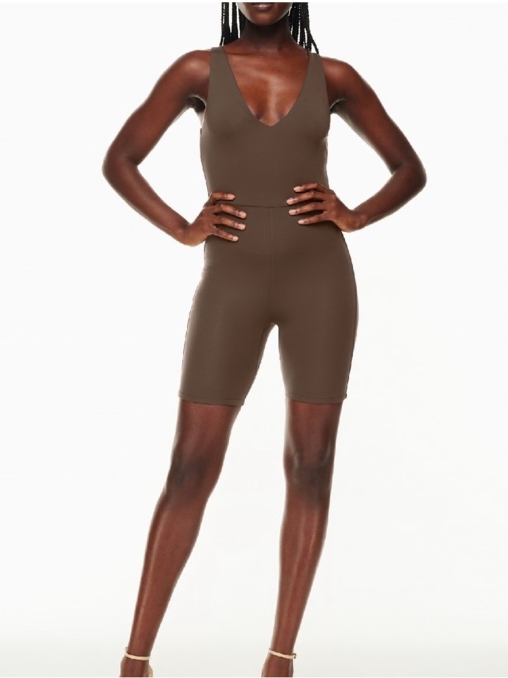 Aritzia Babaton Contour V-Neck Romper Sculpting Coffee Bean Brown Womens Medium